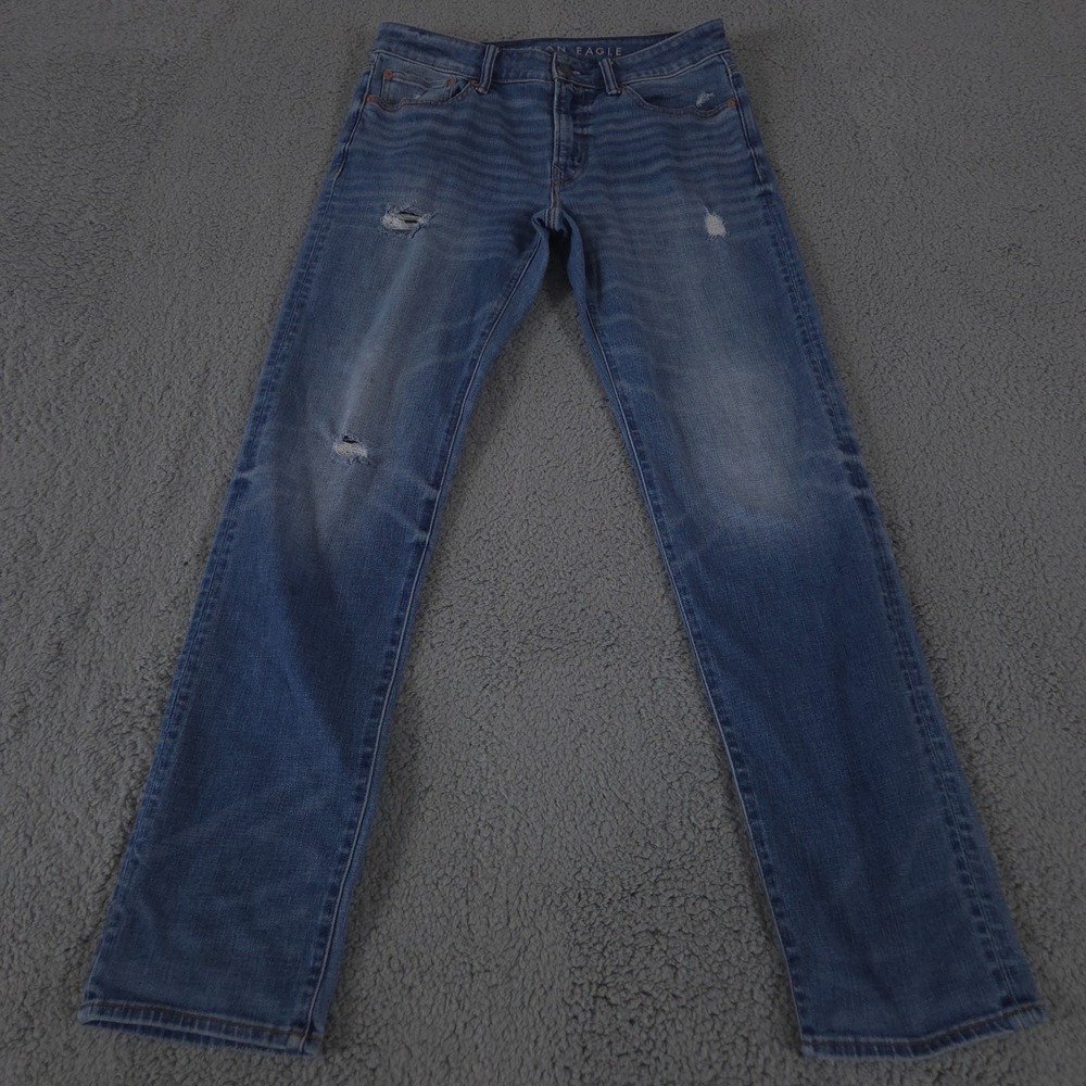 American Eagle Jeans Mens 32x34 Blue Slim Straight Airflex Light Wash Distressed